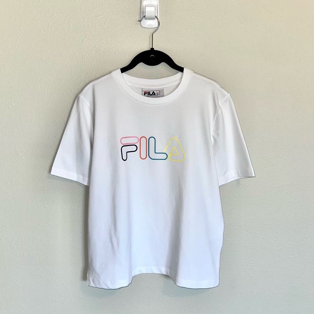 Fila Graphic T-Shirt Relaxed Fit White Multicolored Logo Women’s Size Small NWOT